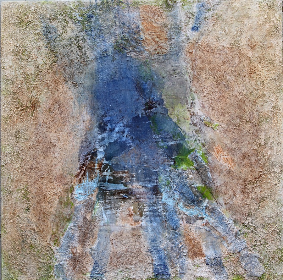 Mary Mountcastle Eubank, Blue Roots, acrylic on canvas with mixed media, 44” x 44”