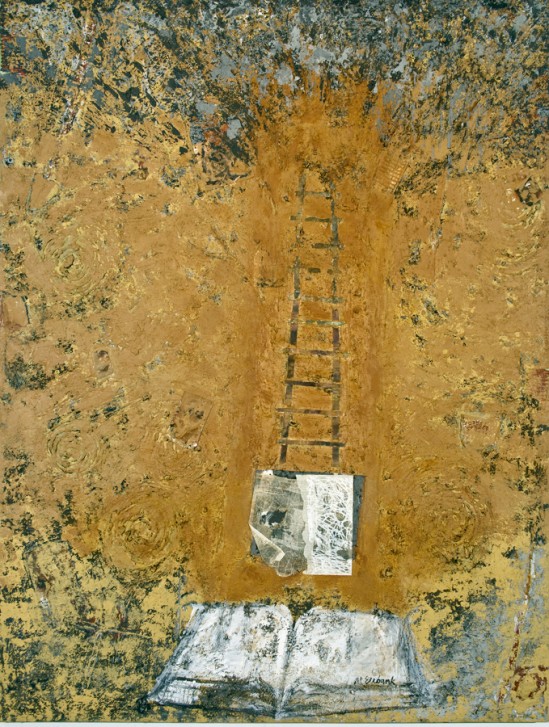 Mary Mountcastle Eubank, Tree Ladder Book, acrylic on canvas with mixed media, 60” x 78