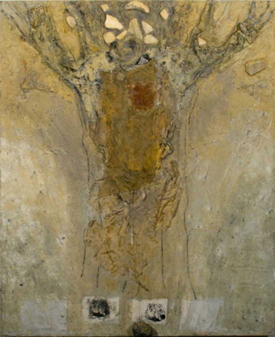 Mary Mountcastle Eubank, Tree with 3 Rocks, acrylic on canvas with mixed media, 48” x 60”
