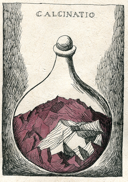 Zea Morvitz, Calcinatio, ink on handmade paper, 12 x 9