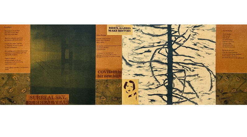Evelyn Klein, Surreal Sky, Surreal Year, drypoint, collograph, photo etching and screenprint on fabric 10 x 30 in, 2021