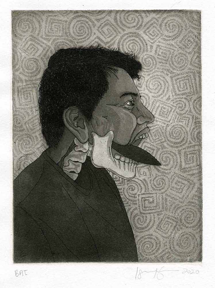 Israel Campos, Self-Portrait with Tecpatl, Etching and aquatint, 8 X 6 in, 2020