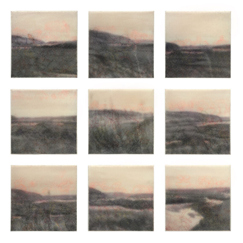 Karen Gallagher Iverson Wine Dark Tides, Point Reyes Tidal Flat,  pochoir and drawn  colored pastel, wax on nine panels, 18 x 18 in, 2019