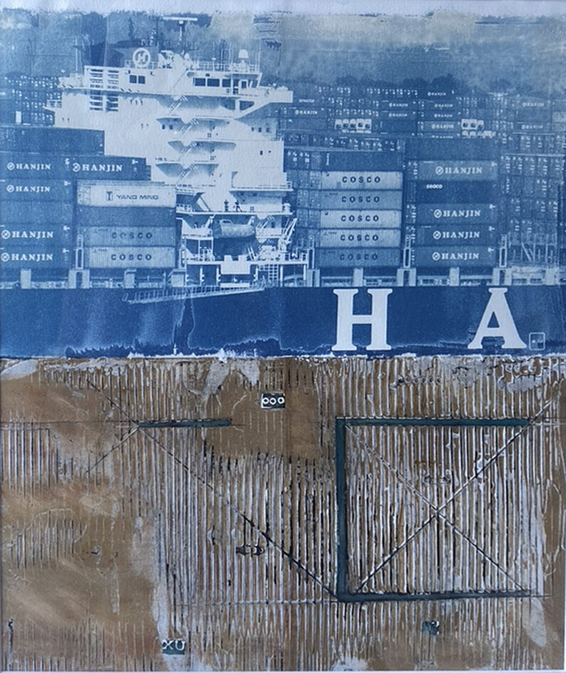 Michael O'Shea, Hanjin in/Hanjin out, collagraph, cyanotype, 24 x 18 in, 2019