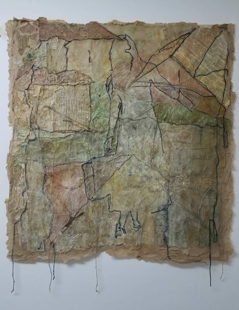 Tali Margolin - (Now) Here - mixed media on fabric - 45 x 42 inch