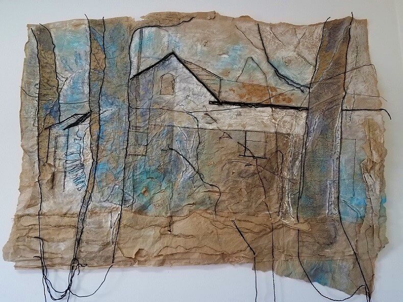 Tali Margolin - House with trees - mixed media on fabric - 46 x 67 inch
