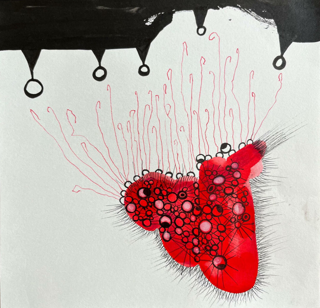 Ellen Vogel - Hooked On Love - Acrylic Ink and Pen - 9in x 9in