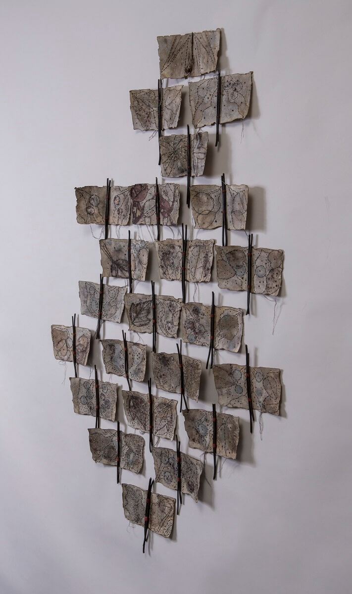 Renée Owen - Firestormed Atlas of a Lost Neighborhood - Ecoprinted Pyrography Paper Installation - 47inHx30inWx2inD