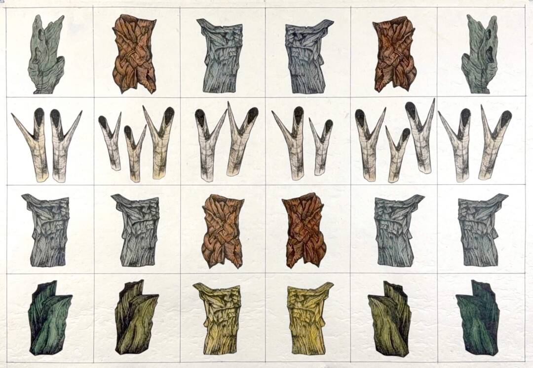Zea Morvitz - Sacred Grove Grid 8 - ink and watercolor collage - 22in x 32in