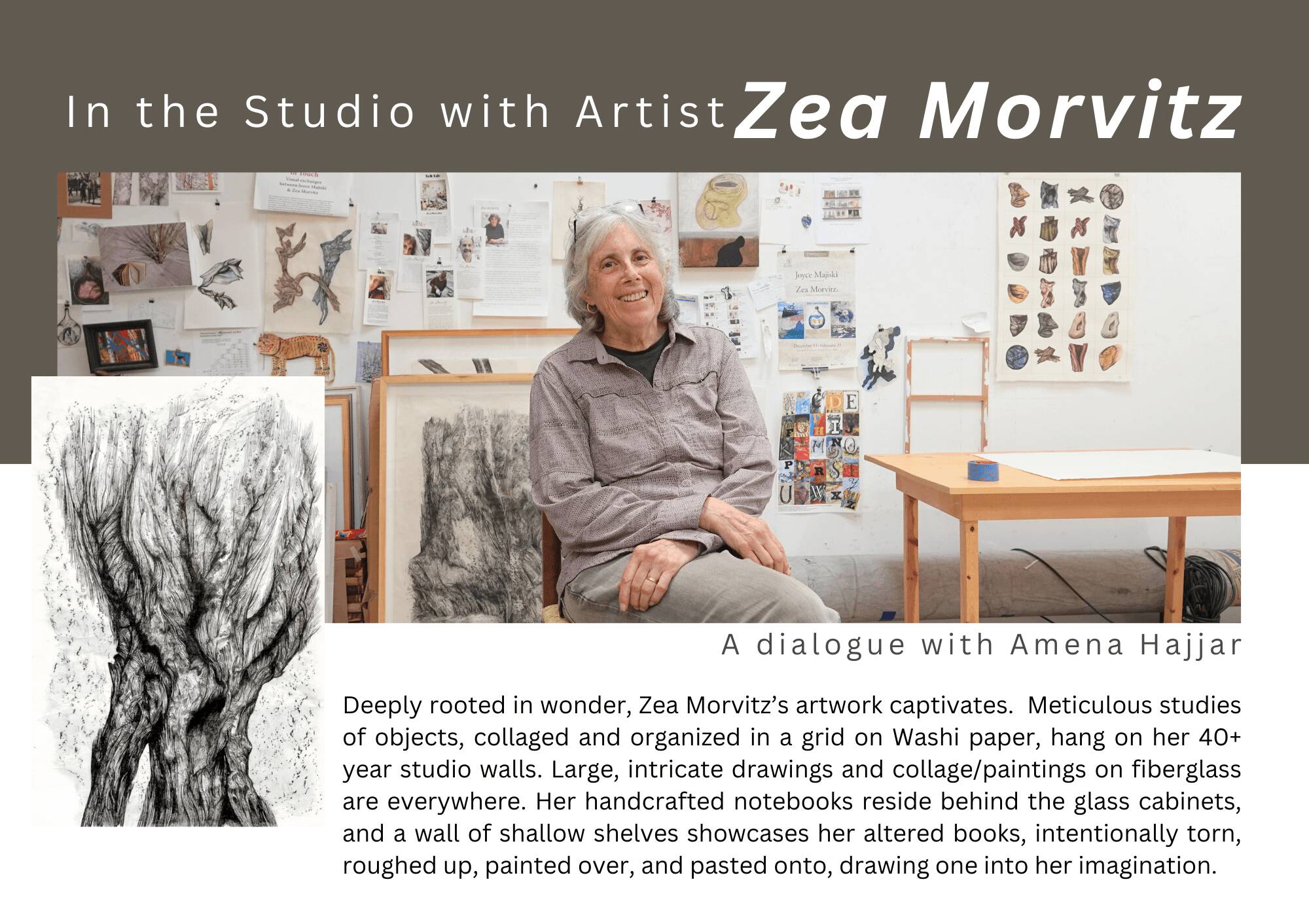 In the Studio with Zea Morvitz - portrait of Zea in studio with pencil drawing artwork preview