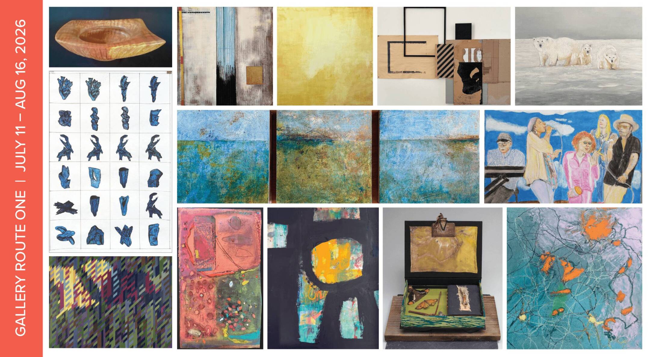 GRO Annual Members Show, July 11–August 16, 2026 postcard showing a grid of 13 artworks