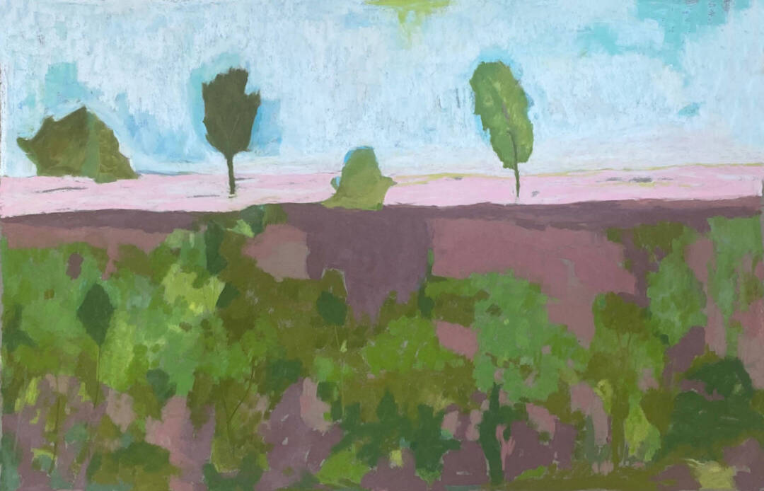 Mauve and green landscape with shrubbery in the fore and a pale sky