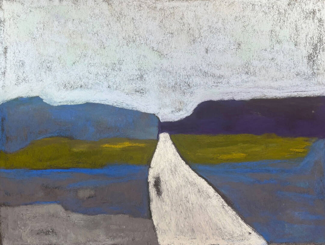 Abstract painting of landscape in muted blue, green, and brown with a bone white trail and matching sky