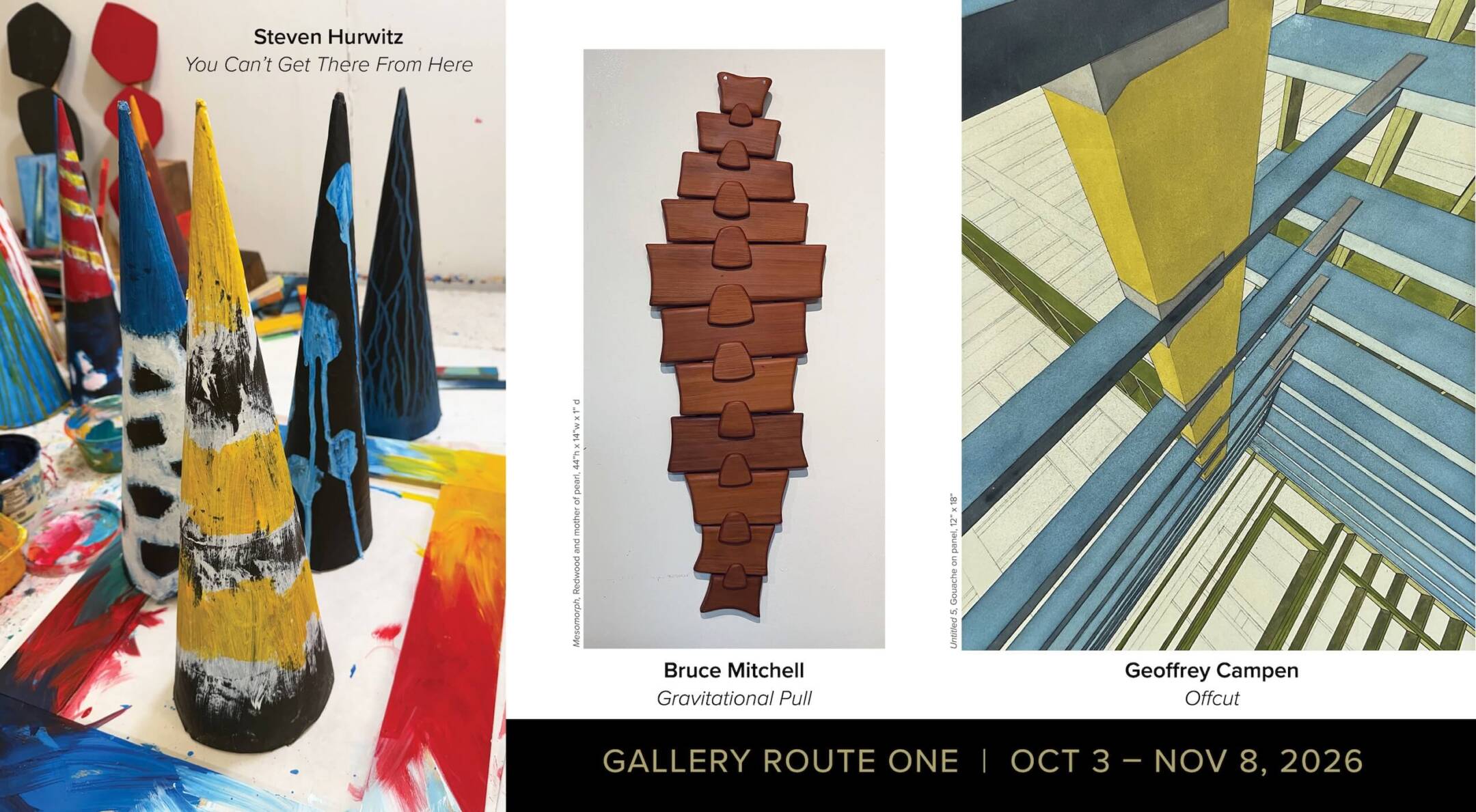 GRO Exhibitions postcard featuring artists Steven Hurwitz, Bruce Mitchell, & visiting artist Geoff Campen