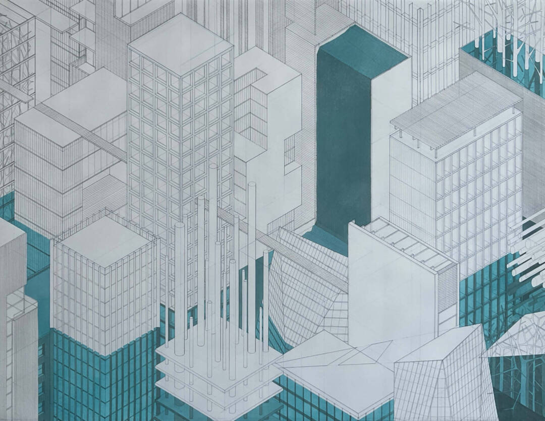Illustration in grey and emerald hues of a isometric birds-eye city view