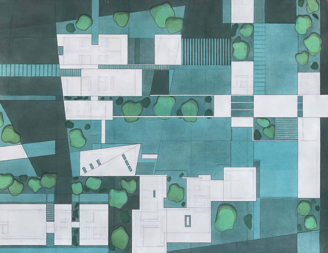 Illustration in grey and emerald hues of a birds-eye abstract city view