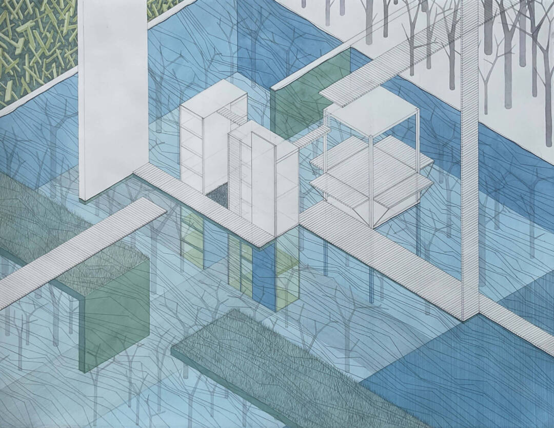 Illustration in grey and blue hues of a isometric birds-eye city view